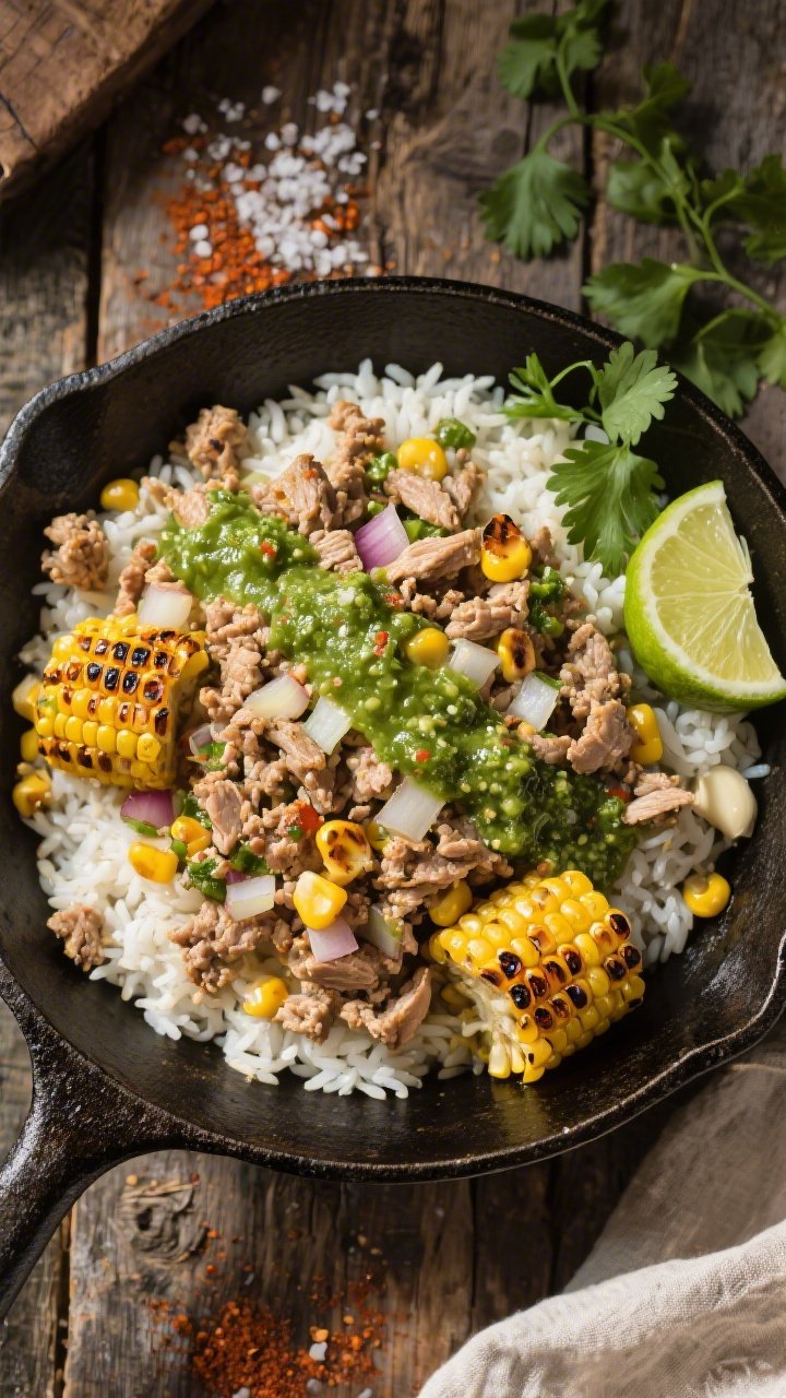 Overhead skillet shot of salsa verde turkey with charred corn and rice: crumbled ground turkey browned with cumin and chili powder, diced onion and minced garlic folded in; long-grain white rice studded throughout, kernels of corn charred to deep golden-brown; a generous pour of salsa verde pooling emerald around the grains; kosher salt flakes visible, lime wedges and cilantro scattered nearby; cast-iron skillet on a rustic wooden table, vibrant weeknight energy.