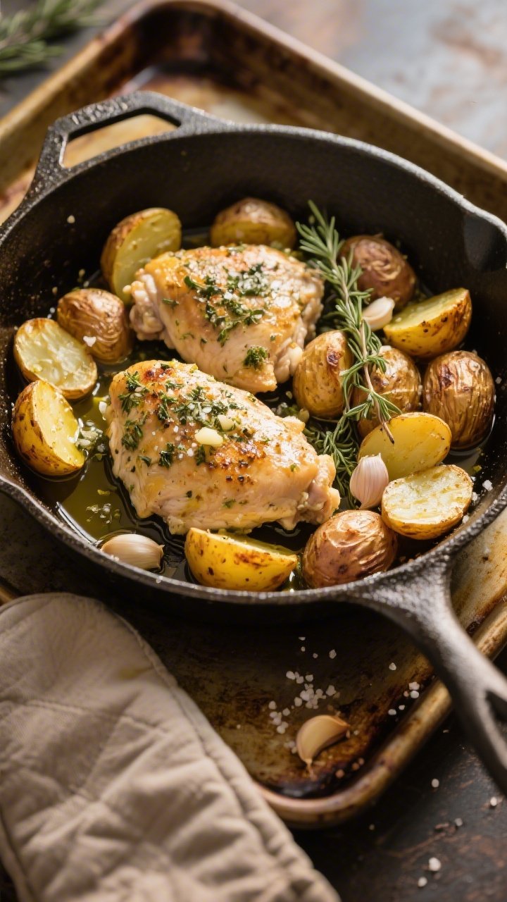 Overhead skillet-to-oven comfort: garlic-herb chicken and potatoes in a large oven-safe skillet. Halved small gold potatoes roasted to blistered edges, tossed with olive oil, kosher salt, and black pepper. Boneless, skinless chicken thighs nestled among potatoes, coated with a garlic-herb mixture; sprigs of thyme and minced garlic visible. A light sheen of divided olive oil on surfaces, coarse salt crystals catching the light. Rustic baking tray underneath, oven mitt nearby, warm golden lighting emphasizing crisped textures and homey appeal.