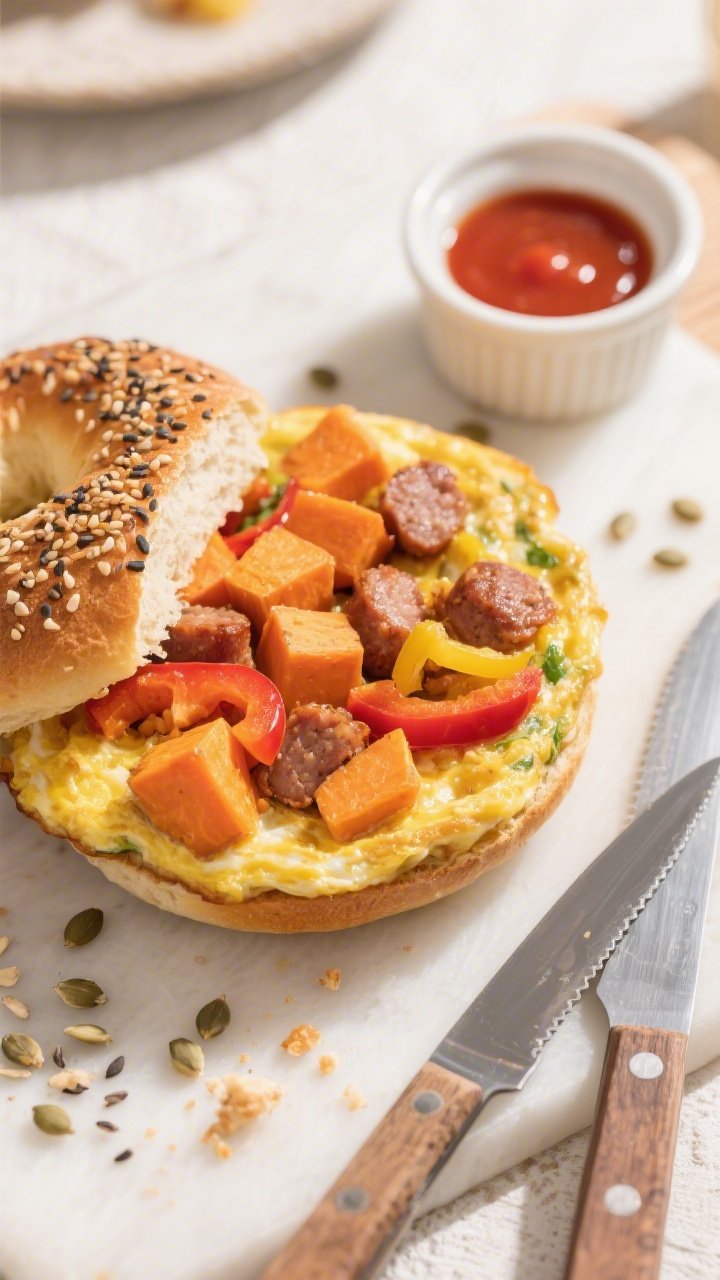 Overhead slice-reveal: an everything bagel sandwich filled with a wedge of sweet potato, sausage, and pepper frittata. The frittata shows orange sweet potato cubes, browned sausage, and red/yellow peppers in tender egg. Bagel seeds scattered on the board, a sharp knife with crumbs, and a small ramekin of hot sauce nearby. Bright morning light, saturated colors, clean cut surfaces, inviting, hearty breakfast vibe.