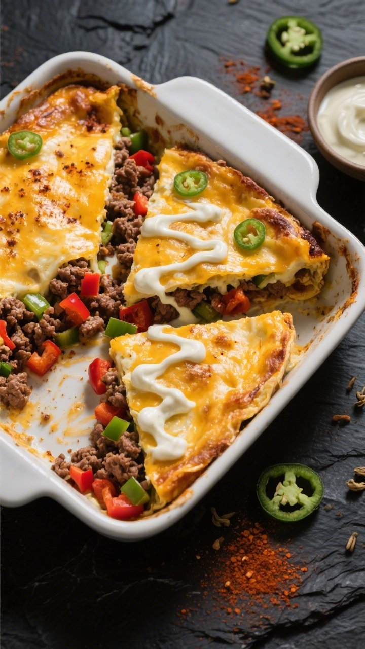 Overhead slice reveal of a cheesy taco egg bake in a square baking dish: golden top with melted cheese, browned crumbles of seasoned ground beef, diced red and green bell peppers, and speckles of chili powder, cumin, and smoked paprika; a drizzle of jalapeño crema zigzagged over cut slices, with a small bowl of extra crema and scattered jalapeño rings on a dark stone surface.