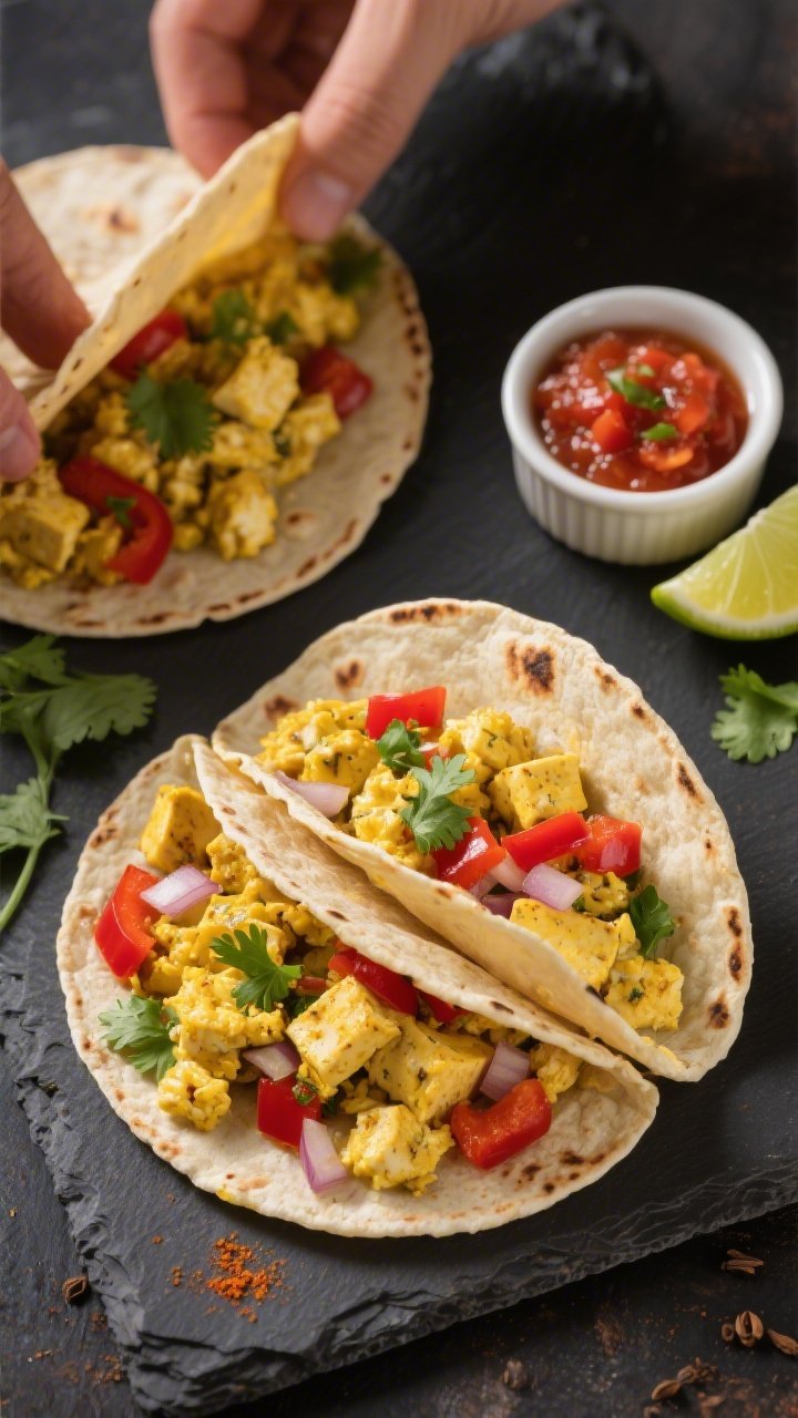 Overhead taco assembly of Savory Tofu Scramble Breakfast Tacos: warm small tortillas filled with crumbled firm tofu sautéed in olive oil and spiced with turmeric, cumin, and smoked paprika, mixed with minced onion and diced red bell pepper; vibrant yellow tofu scramble contrasts with red peppers, garnished with chopped cilantro and lime wedges on the side, a ramekin of salsa nearby, all styled on a dark slate to make the colors pop.