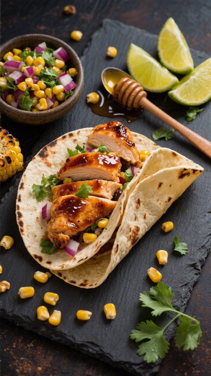 Overhead taco assembly scene: honey-lime chipotle chicken thighs sliced and glossy with adobo-honey glaze, tucked into warm charred corn tortillas. A vibrant charred corn salsa with lime juice, cilantro, and red onion in a small bowl; extra lime wedges, a drizzle of olive oil sheen, and a brush of chipotle adobo on a spoon. Scorched corn kernels and a few cilantro leaves scattered artfully on a dark slate board. High-contrast light to make the sticky glaze and citrus pop.