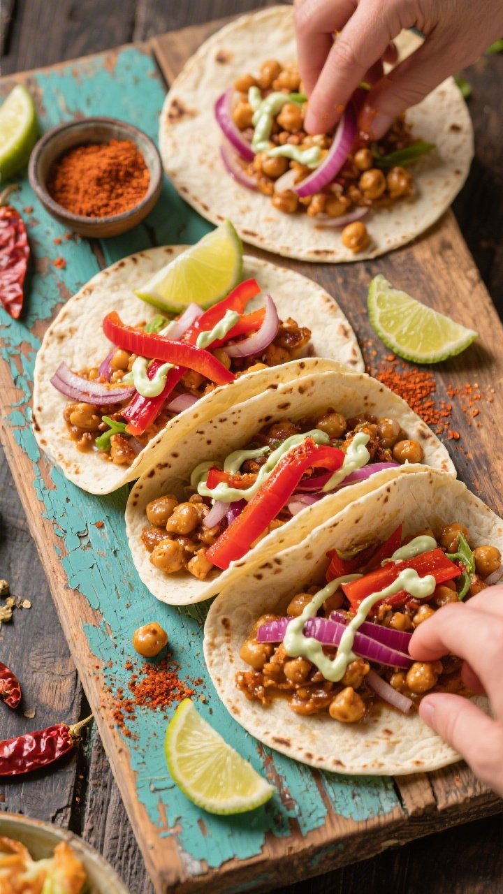 Overhead taco assembly scene: warm tortillas filled with smoky chickpeas, sautéed red onion and red bell pepper strips, dusted with smoked paprika and chili powder; drizzles of tangy lime crema in thin ribbons; scattered lime wedges and a pinch bowl of spices; colorful, vibrant street-food energy on a distressed wooden board, no hands, just abundant, fresh toppings.