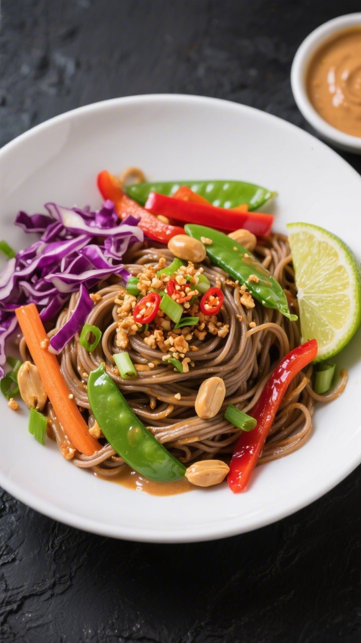 Overhead vibrant rainbow veggie peanut soba: tangle of buckwheat soba noodles tossed in glossy peanut sauce, topped with shredded purple cabbage, thin red bell pepper strips, julienned carrots, halved snap peas, and sliced green onions. Chili-lime crunchy topping sprinkled over, lime wedges and a small bowl of peanut sauce to the side. High-saturation, crisp textures, minimalist white bowl on a matte charcoal surface, energetic and fresh.