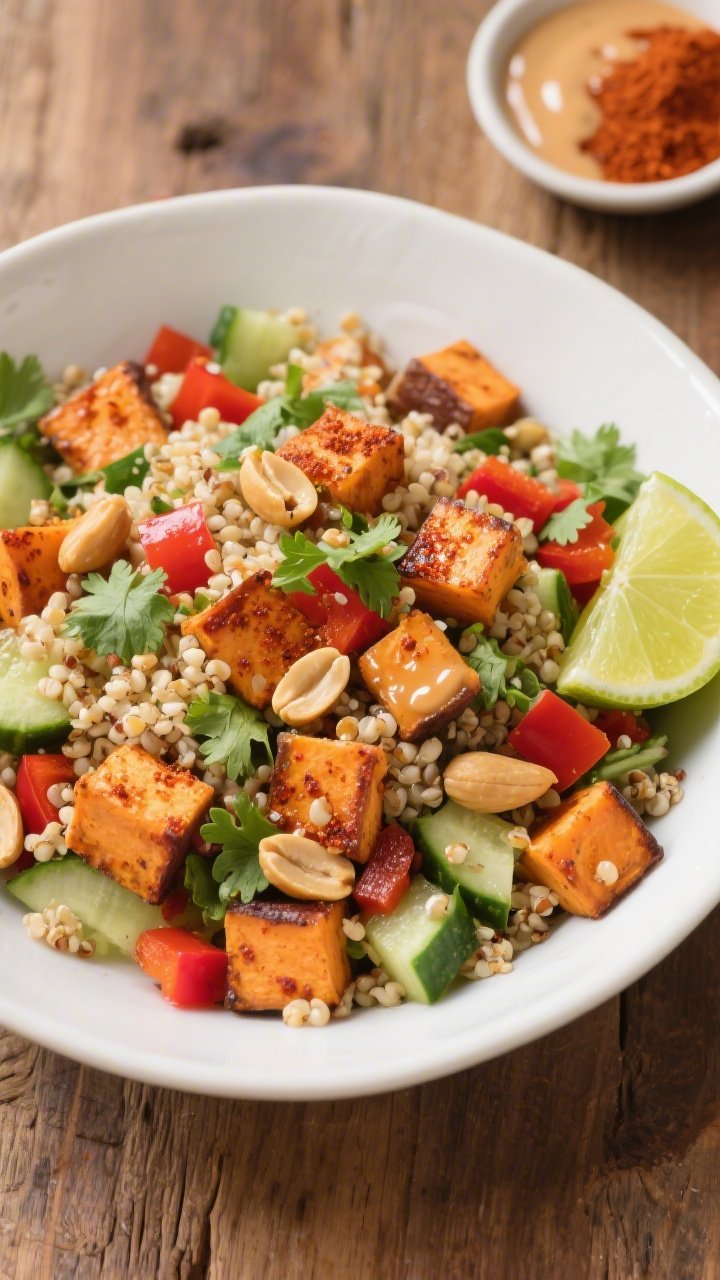 Overhead vibrant salad bowl: peanut-lime crunch quinoa salad with roasted sweet potato cubes (paprika-dusted, caramelized edges), fluffy quinoa, diced red bell pepper, sliced cucumbers, chopped cilantro, and crunchy peanuts; glossy peanut-lime dressing lightly coating the grains, lime wedges on the side; arranged in a wide white bowl on a wooden table, with a small dish of smoked paprika and a drizzle trail of dressing for styling.