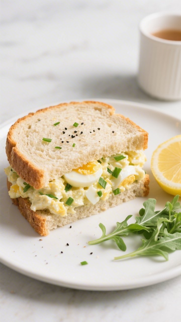 Plated, 45-degree angle shot of a 90-Second Savory Keto “Bread” Sandwich with Herbed Egg Salad: microwave mug-bread slices lightly toasted to a golden edge, stacked with generous herbed egg salad (chopped hard-boiled eggs folded with mayonnaise, Dijon, chopped chives and parsley), a crack of black pepper on top; clean cross-section showing tender, spongy keto bread crumb and creamy egg salad flecked with green herbs; set on a white ceramic plate with a small side of baby arugula and a lemon wedge; bright, natural morning light, airy breakfast mood, minimal props.