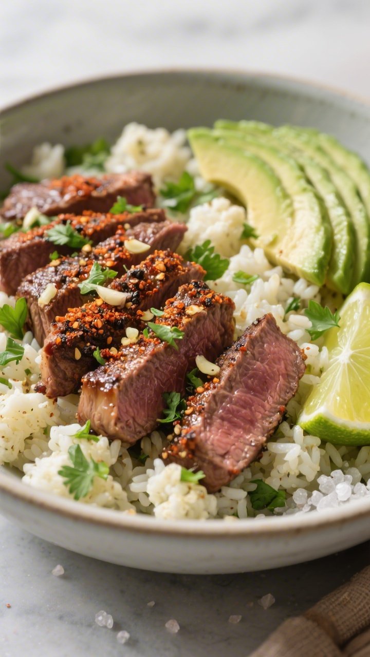 Plated bowl close-up of garlic-lime steak bowls with cauliflower “cilantro rice”: medium-rare flank/skirt steak slices with a chili powder, cumin, garlic, black pepper crust, glossed with lime juice and zest; arranged over fluffy cauliflower rice flecked with chopped cilantro and lime zest; avocado fan and lime wedges on the side; sprinkle of kosher salt crystals visible; shot at 45 degrees, tight framing to highlight char, citrus shine, and herb-flecked grains.