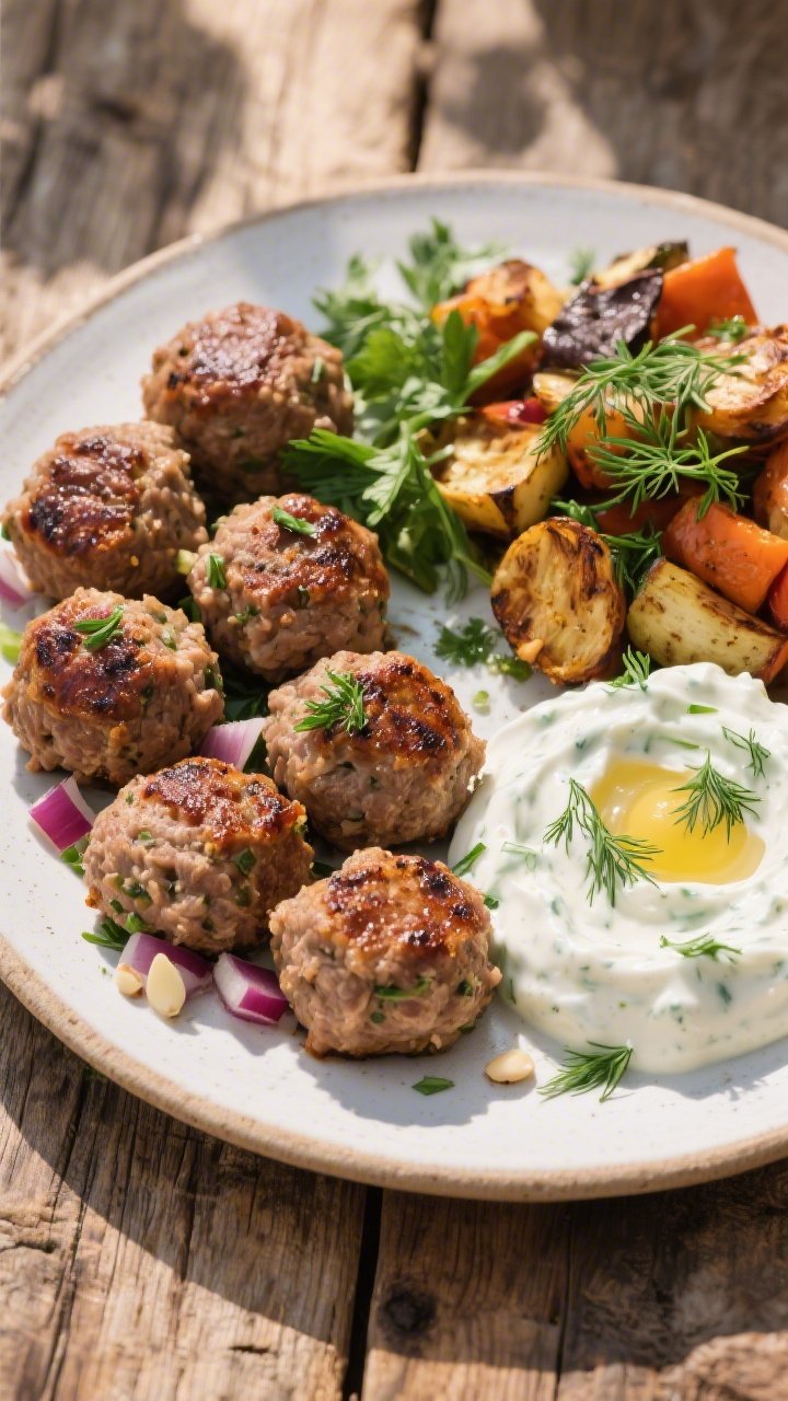 Plated Mediterranean spread, overhead: Greek-inspired turkey meatballs (ground turkey mixed with finely chopped red onion, minced garlic, egg, almond flour, parsley, and dill) seared to a deep brown and arranged alongside creamy tzatziki; roasted mixed vegetables in one corner. Garnished with extra dill and parsley; cool whites and fresh greens contrast with caramelized browns; clean ceramic platter on rustic wood, natural daylight.