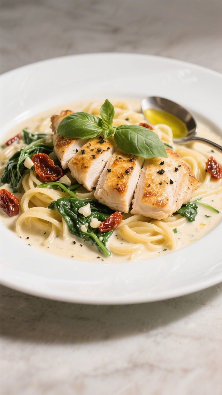 Plated presentation of Creamy Tuscan Chicken: thin-sliced chicken cutlets seared golden, bathed in a silky cream-and-chicken-broth sauce with Italian seasoning, ribbons of wilted spinach, sun-dried tomatoes, and minced garlic peeking through; served over al dente pasta on a wide white plate, sauce spooned generously with a light olive oil gloss; 45-degree angle, bright Mediterranean mood, black pepper freshly cracked on top and a few basil leaves for color.