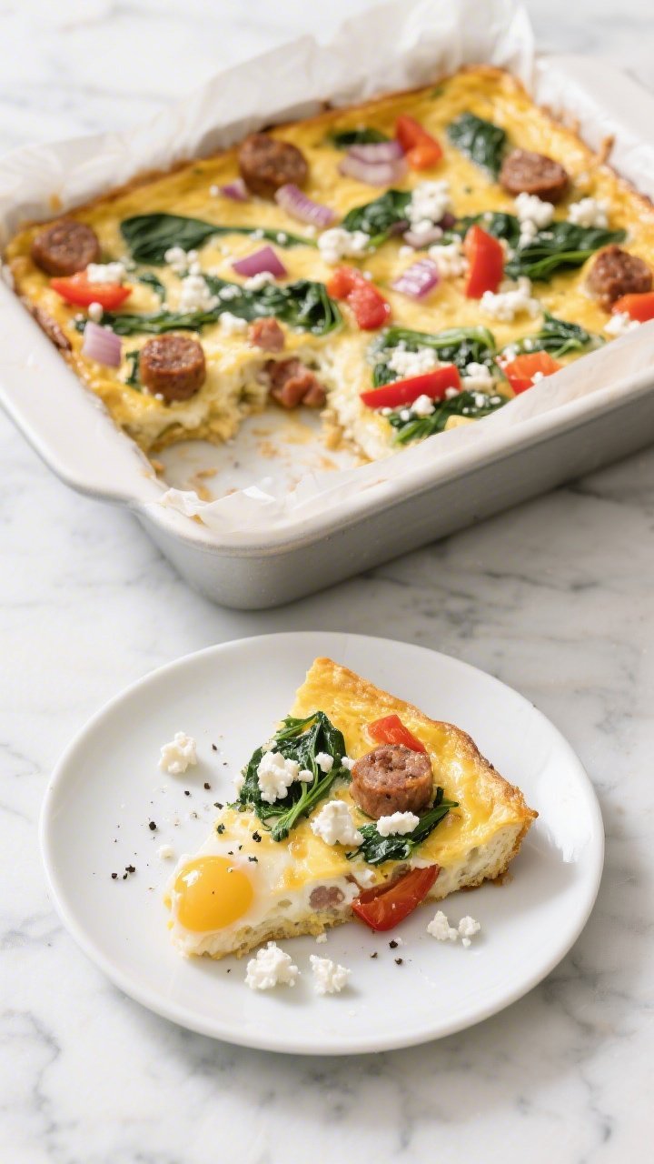 Plated slice-and-pan scene of a hearty Greek egg bake: golden, puffed frittata-style casserole with crumbled feta, chopped spinach ribbons, browned Italian sausage, diced red onion, and red bell pepper; one square slice on a small white plate with extra feta crumbles and a sprinkle of black pepper, the rest in a parchment-lined baking dish; shot at a 45-degree angle on a cool marble surface, clean lines, vibrant Mediterranean colors, inviting brunch mood.