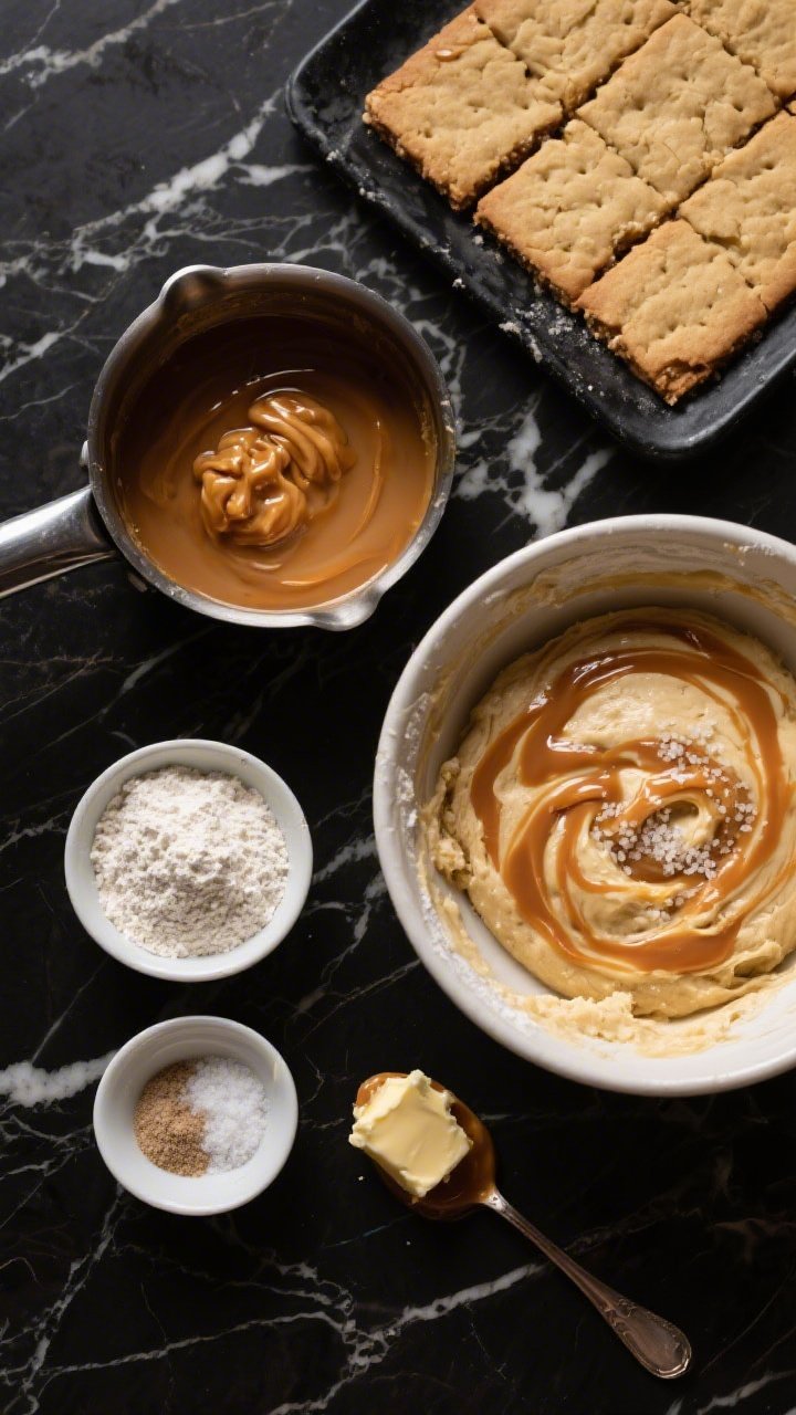 Process-focused overhead shot of Brown Butter Sugar Cookie Bars mid-prep on a dark marble surface: a saucepan of nutty brown butter with browned milk solids visible, next to a mixing bowl of dough marbled with a luscious salted caramel swirl. Arrange measured ingredients in small bowls—flour, cornstarch, baking powder, fine sea salt, plus the remaining softened butter—and a spoon coated with thick caramel. Rich, moody lighting to accentuate amber tones, with clear texture contrast between glossy caramel ribbons and velvety dough.
