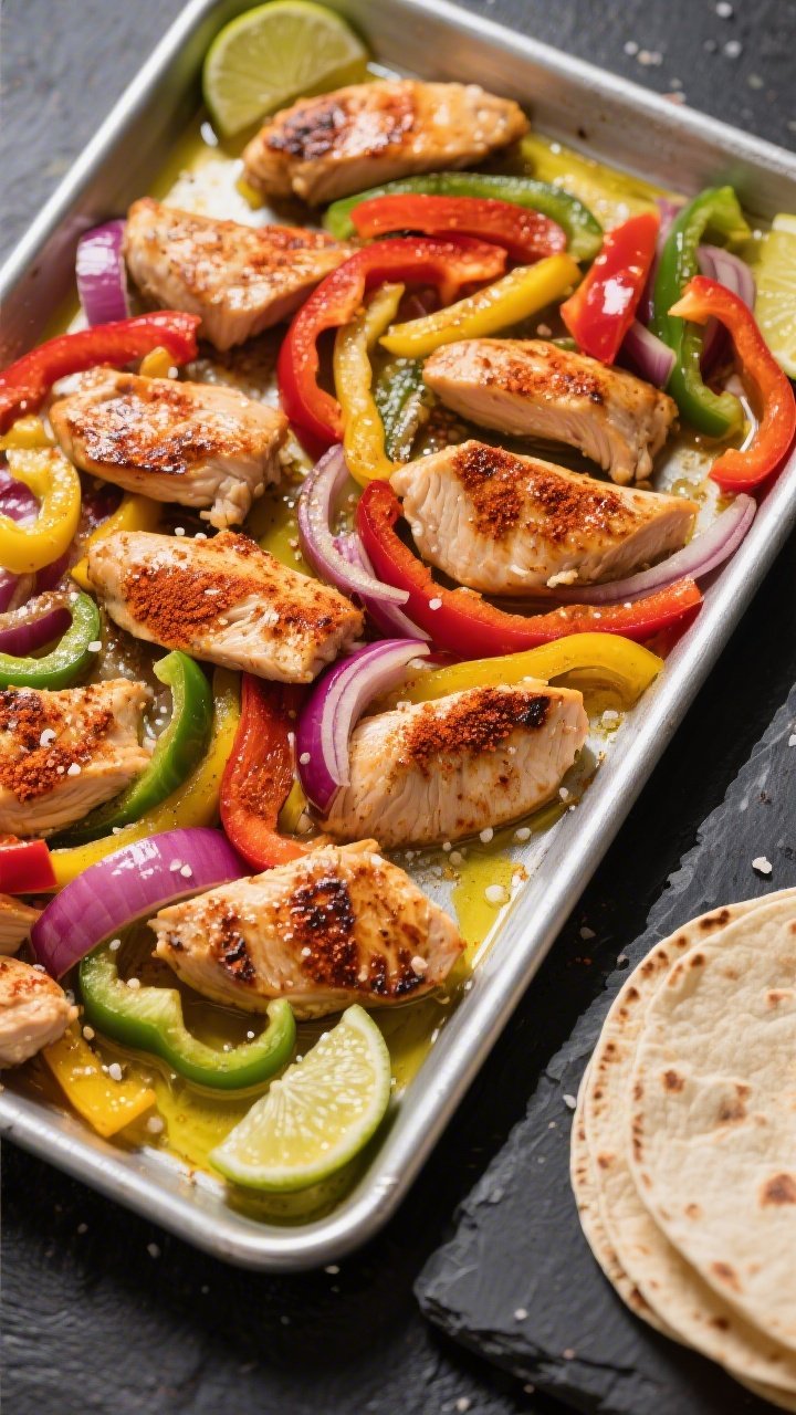 Sheet-pan process shot, overhead, for Smoky Paprika Chicken Fajitas: a rimmed metal sheet pan loaded with 1/2-inch strips of boneless skinless chicken thighs tossed in smoky paprika and olive oil, alongside colorful bell pepper strips (red, yellow, green) and wedges of red onion; everything glistening with 3 tbsp olive oil and a dusting of kosher salt; edges starting to char for that sizzle-and-zero-mess appeal; lime wedges and warm tortillas off to the side on a dark slate surface; bold, saturated colors, high clarity, minimal props, vibrant Tex-Mex energy.