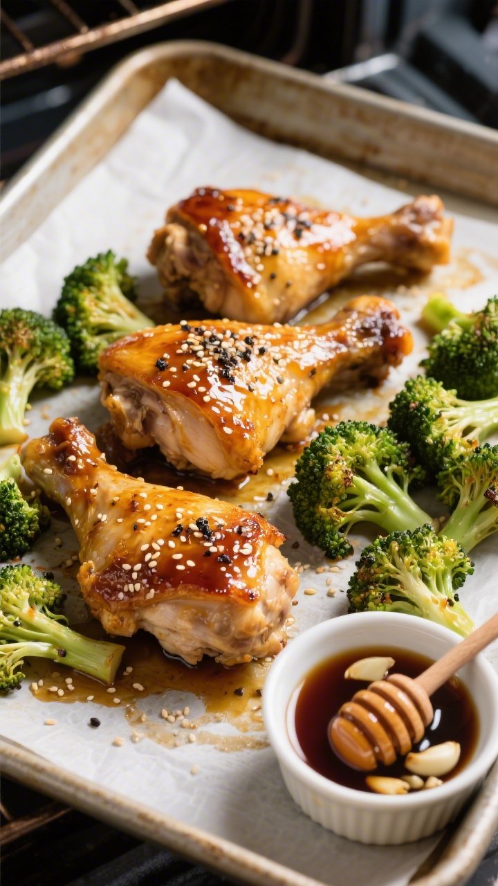 Sheet-pan process shot, overhead: honey-soy glazed bone-in, skin-on chicken thighs roasted until lacquered and caramelized, nestled beside sesame broccoli florets; visible marinade ingredients in a corner ramekin (low-sodium soy sauce, honey, rice vinegar, toasted sesame oil, minced garlic), chicken sprinkled with black pepper and kosher salt, broccoli tossed with sesame oil and sesame seeds; golden edges and sticky glaze captured under bright oven light, on parchment-lined pan.