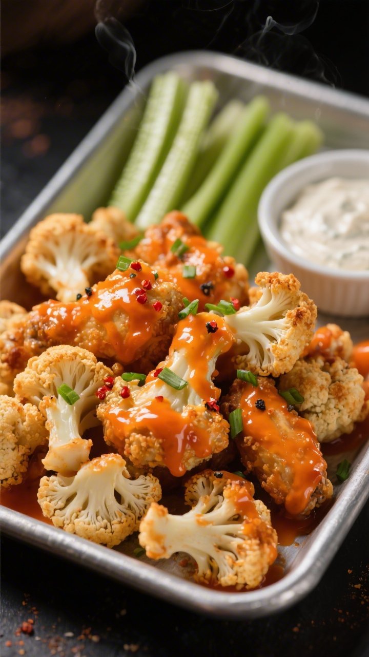 Straight-on action shot of Buffalo Ranch Cauliflower “Wings”: medium florets coated in a light, craggy batter (flour-water-olive oil-garlic-onion powder, salted), roasted then glossy with a vibrant orange Buffalo sauce. Wings piled on a tray with celery sticks and a bowl of creamy ranch for dipping; a glaze drip captured on one floret. Garnished with chives, a few red pepper flakes, and black pepper. High-contrast lighting, GAME DAY energy, no people, just saucy shine and steam.