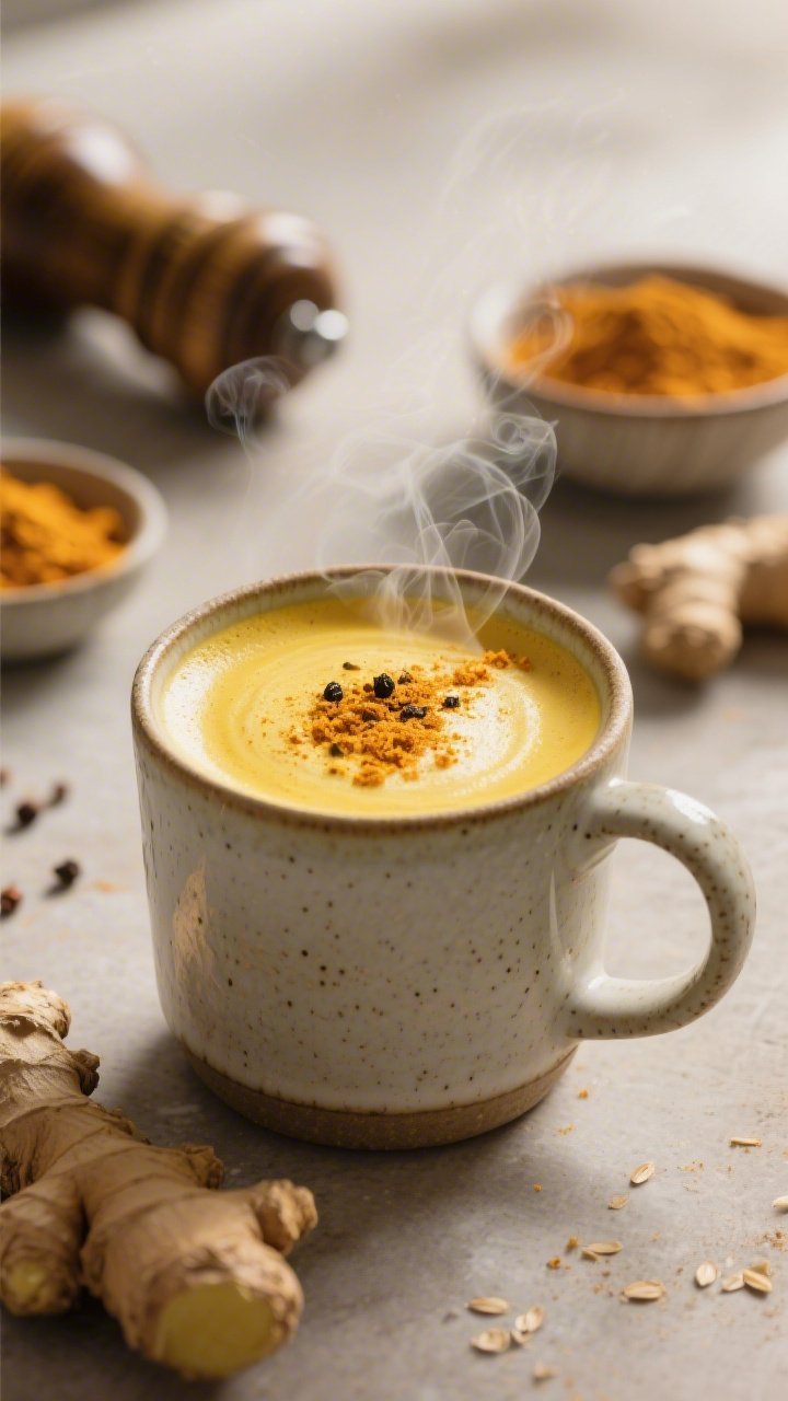 Straight-on barista-style shot of a spicy turmeric latte in a ceramic mug: golden milk made with unsweetened almond/oat/soy milk and water, infused with ground turmeric and ginger, microfoam on top with a dusting of turmeric and pinch of black pepper for absorption; faint steam rising; small bowls of ground turmeric and ginger, and a pepper grinder in the background; cozy, warm tones, soft morning light.