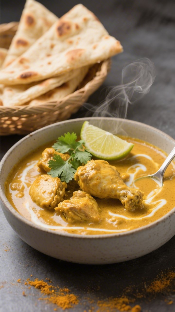 Straight-on bowl shot of creamy coconut curry chicken with quick naan dippers: tender bite-size chicken thighs in a rich, golden curry sauce tinted by curry powder and ground turmeric, coconut creaminess visible with gentle surface swirls. Garnished with fresh cilantro and a wedge of lime, served in a matte ceramic bowl. On the side, warm naan triangles brushed with neutral oil and lightly blistered, stacked in a small basket. Cozy, saturated tones with steam rising; a spoon trails through the sauce to showcase velvety texture.