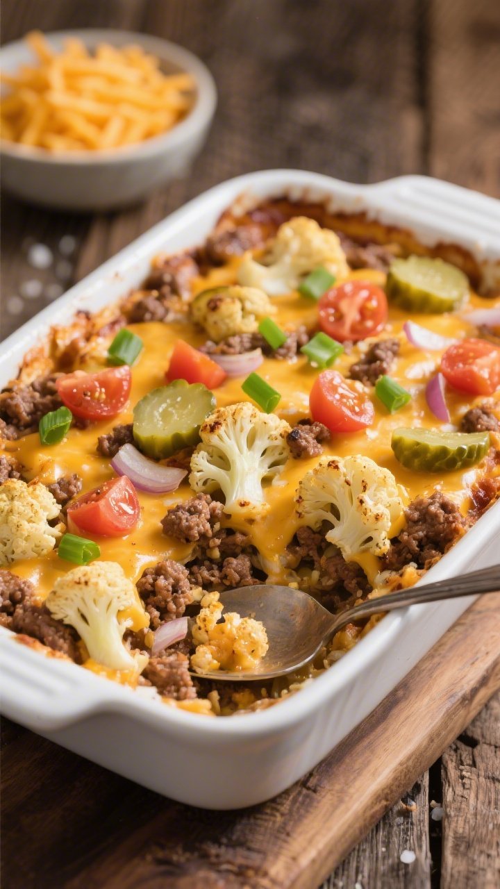 Straight-on casserole hero shot of loaded cheeseburger cauliflower casserole in a white baking dish: bubbly, browned cheese blanket with pockets of melted cheddar, scattered pickles and diced tomatoes on top, green onion slices for pop. A serving spoon reveals the layers—roasted cauliflower florets, savory ground beef seasoned with sea salt, black pepper, and a hint of paprika, bits of sautéed onion and garlic—held together with melty cheese. Slight oil sheen, comforting and indulgent, set on a rustic wood surface with a small bowl of extra shredded cheddar.