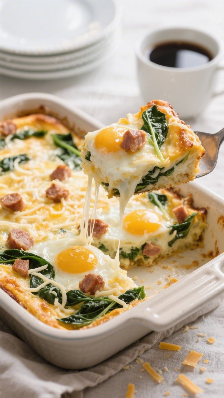 Straight-on casserole pan reveal of Cheesy Egg White Power Bake with Sausage and Spinach: golden, puffed egg bake with a marbled top of melted shredded mozzarella and pockets of diced chicken sausage; ribbons of wilted baby spinach throughout; slices cut to show airy egg white and whole-egg richness layers; a spatula lifting a square to showcase gooey cheese stretch; warm, inviting morning light, minimal props—stacked white plates and a cup of black coffee in the background; crumbs and cheese shavings on the linen, no people