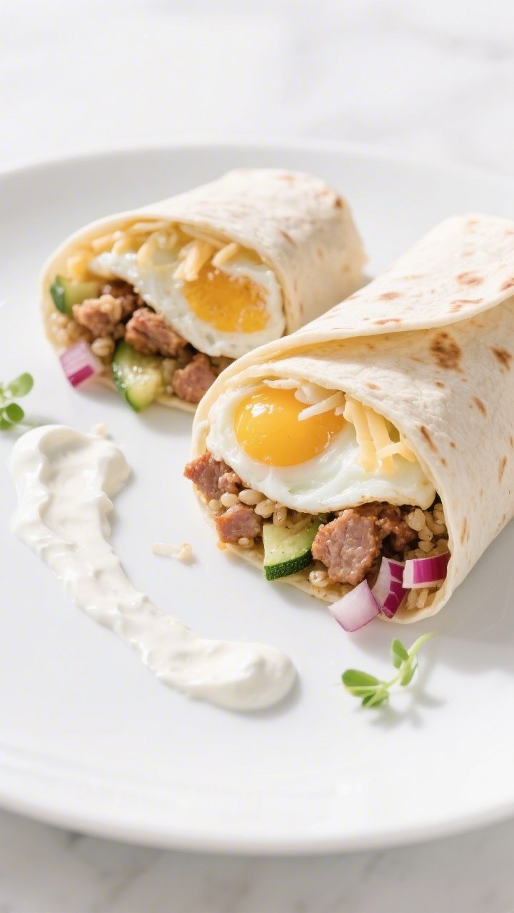 Straight-on, clean macro-style plated burrito cut in half to showcase high-protein layers: fluffy egg whites, crumbled turkey breakfast sausage, nutty brown rice or quinoa, diced red onion, and small bites of sautéed zucchini, all bound with a light swipe of Greek yogurt ranch inside the tortilla. Minimalist white plate, drips of yogurt ranch in a zigzag, a sprinkle of shredded part-skim cheese, and a few microgreens for freshness. Bright, high-key lighting for a lean, wholesome mood.