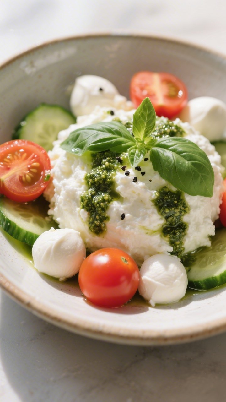Straight-on close-up of a cottage cheese Caprese bowl with basil pesto drizzle: creamy cottage cheese mounded in a shallow ceramic bowl, cherry tomatoes and mini mozzarella balls halved and nestled around, thin cucumber half-moons tucked in, glossy basil pesto drizzled over the top with fresh basil leaves as garnish, a light crack of black pepper and pinch of sea salt; bright, fresh daytime light with soft reflections, minimal background, emphasis on creamy curds, juicy tomatoes, and green pesto sheen.
