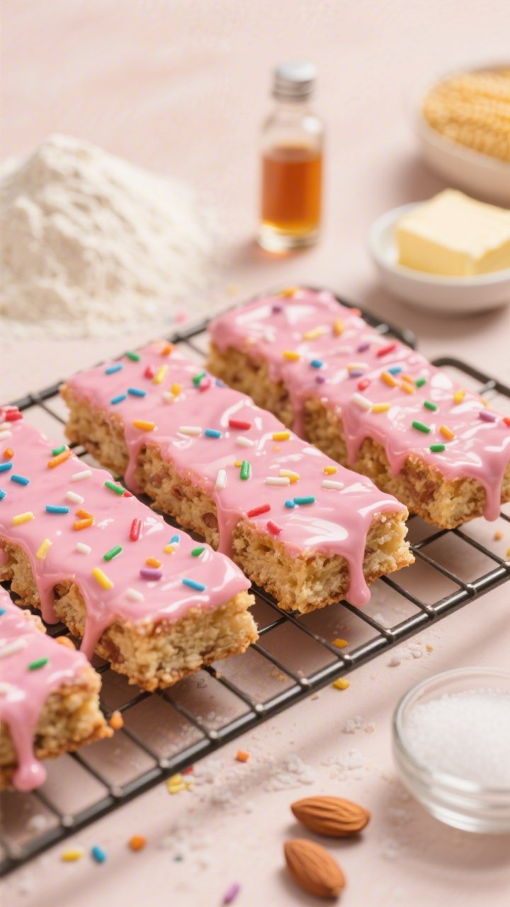 Straight-on close-up of Almond Confetti Bars arranged on a cooling rack, draped with a glossy bakery-pink almond glaze that drips down the sides, dotted with rainbow confetti sprinkles. Surround with key ingredients: a small mound of all-purpose flour, cornstarch, baking powder, fine sea salt, softened unsalted butter, granulated sugar, and a tiny bottle of almond extract. Warm, playful mood; shallow depth of field to emphasize the tender crumb and shiny glaze texture.