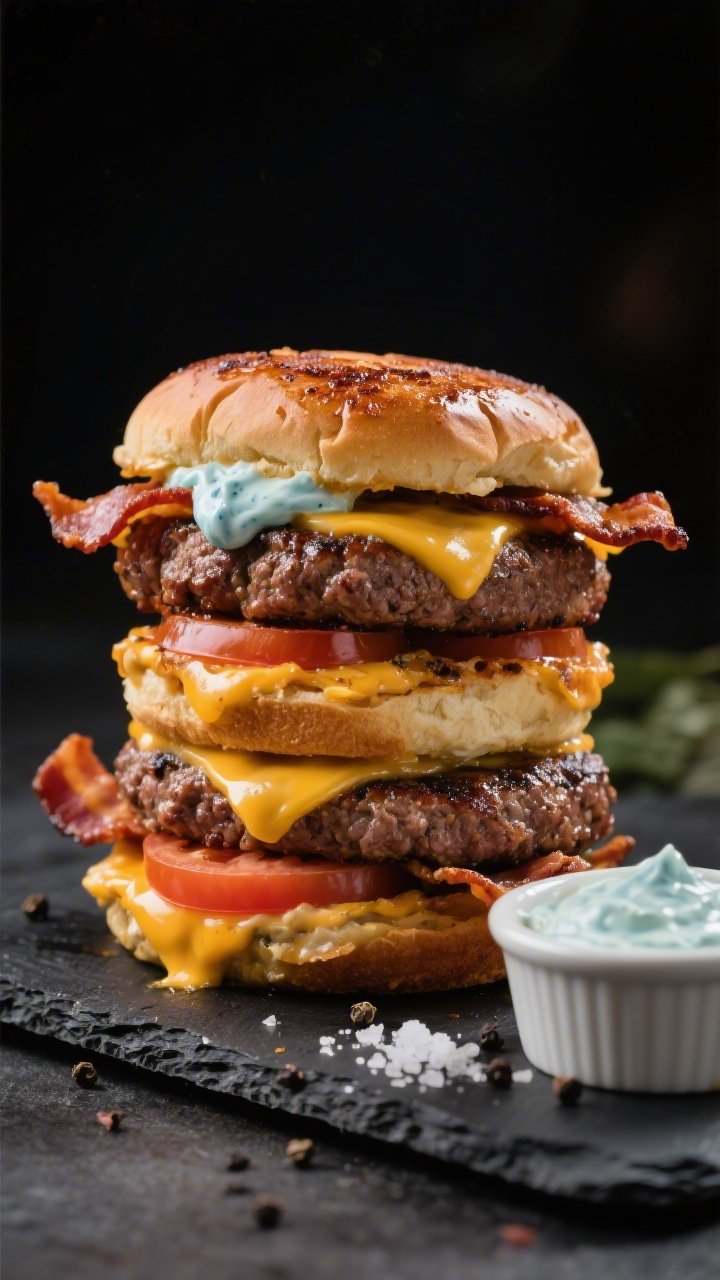 Straight-on close-up of bunless smash burger stacks: double smashed 80/20 beef patties with deep Maillard crust, sharp cheddar melted and draping the edges, layered with thick tomato slices and crisp bacon; a dollop of bacon-blue aioli oozing between layers; no buns, just neatly stacked on a black slate with a small ramekin of the aioli nearby; kosher salt and black pepper grains visible on the patties; slight griddle oil sheen; dramatic side lighting for juicy detail.