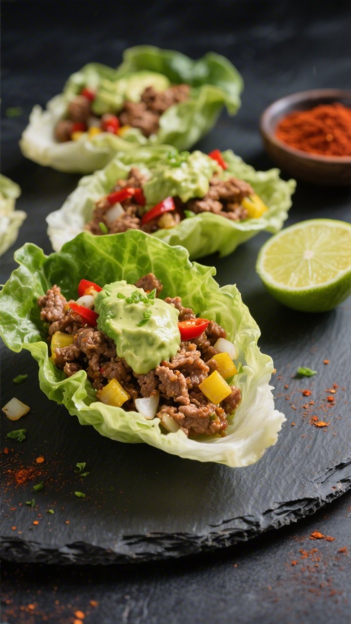 Straight-on close-up of chili-lime turkey lettuce boats arranged on a slate platter: crisp butter lettuce cups filled with browned ground turkey sautéed with finely diced yellow onion, minced garlic, chili powder, cumin, and smoked paprika; drizzled with silky avocado crema and finished with fresh lime zest. Vibrant greens and reds pop against dark background; side props include halved limes and a small bowl of paprika; tack-sharp texture, appetizing sheen.