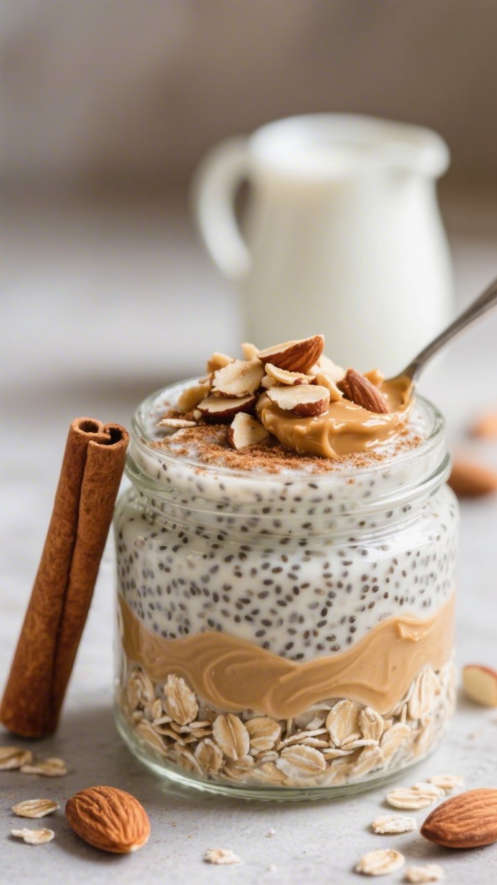 Straight-on close-up of Cinnamon Chia-Oat Pudding With Crunchy Almond Top in a clear glass jar to show layers: rolled oats and chia seeds soaked in unsweetened almond milk until thick and creamy, swirled with a spoonful of almond butter, dusted with cinnamon, lightly sweetened with a ribbon of maple syrup; topped with a generous layer of chopped toasted almonds for crunch, a cinnamon stick leaning against the jar, and a small pitcher of almond milk blurred in the background for a cozy, wholesome feel.