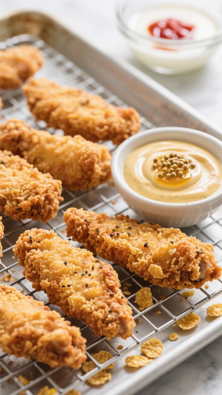 Straight-on close-up of crispy oven “fried” chicken tenders on a wire rack over a sheet pan: craggy, deeply golden crust from panko and crushed cornflakes, flecks of seasoning visible; a small bowl of creamy honey-mustard dip with a drizzle of honey and mustard seeds beside it; a glass bowl of buttermilk with a splash of hot sauce in the background; clean, bright lighting to emphasize crunch, no people, tight composition on texture.