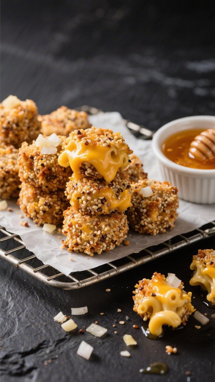 Straight-on close-up of crispy quinoa mac and cheese bites stacked on a small wire rack over parchment: deeply golden, craggy exteriors showing quinoa studded throughout, with oozing sharp cheddar and Parmesan visible in the crumb; a ramekin of glistening hot honey ready to drizzle, fine minced onion and garlic notes hinted by tiny flecks; a few drips of honey catching the light, set on a dark slate surface for contrast.