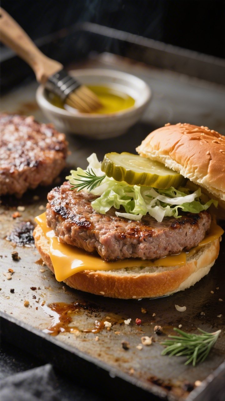 Straight-on close-up of juicy turkey smash burgers seared on a flat-top griddle: thin patties made from 93% lean ground turkey seasoned with Worcestershire, onion powder, garlic powder, kosher salt, and black pepper, edges frilled and crispy; a toasted bun with special sauce smeared on the bottom, melty cheese draping the patty, dill pickles and shredded lettuce stacked; a small dish of special sauce and a brush with olive oil in the background, dramatic side lighting to highlight texture