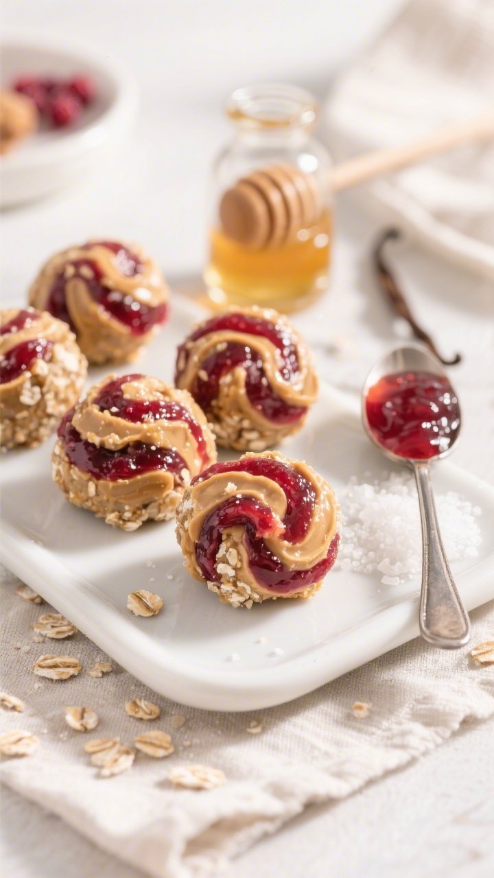 Straight-on close-up of PB&J Swirl Bites: energy balls with visible peanut butter and vibrant real berry jam swirl ribbons running through them, oatmeal flecks and protein powder granules apparent; a tiny spoon with thick berry jam, a drizzle of honey, vanilla extract bottle, and a pinch of fine sea salt nearby; set on a white ceramic tray with a soft linen, bright natural light for a fresh, playful mood.