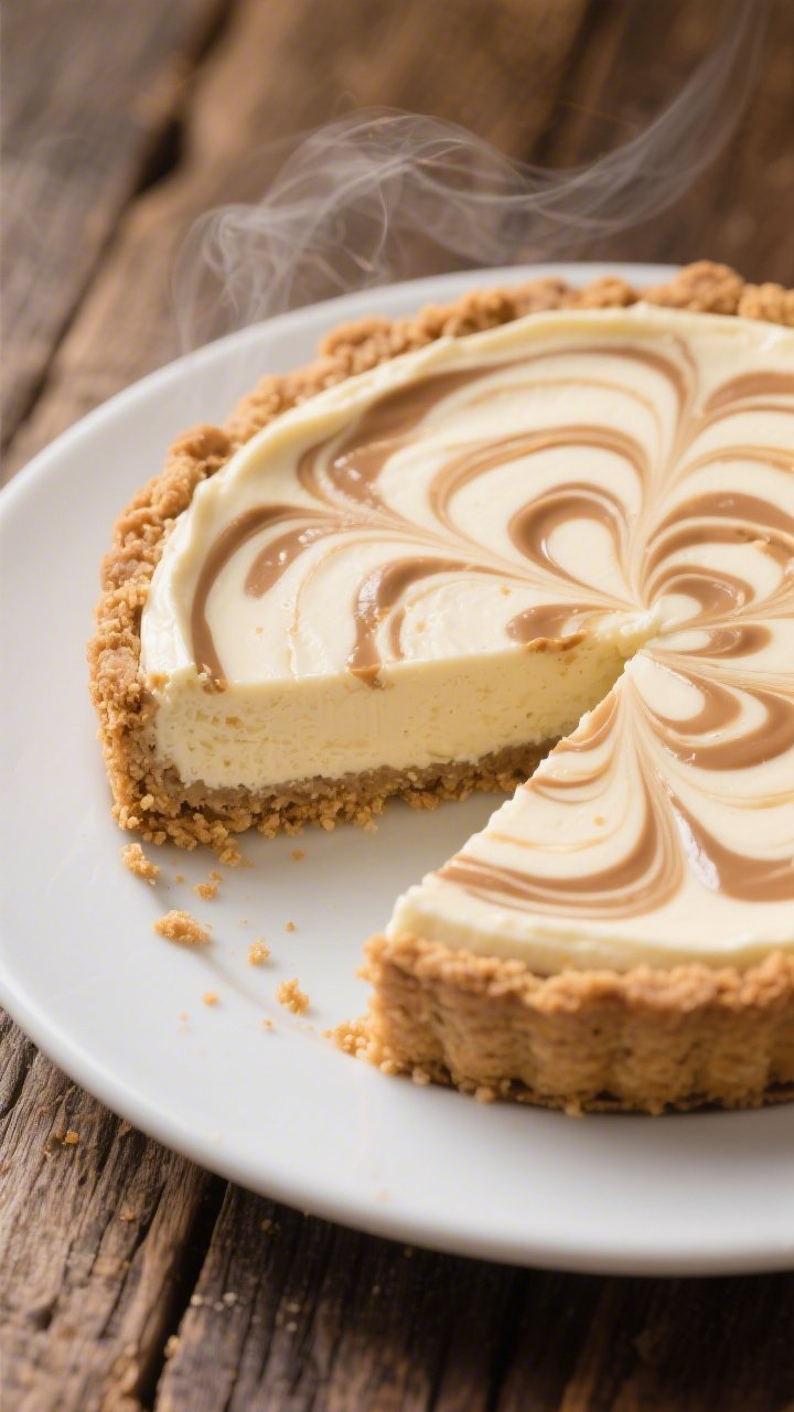 Straight-on close-up of Peanut Butter Swirl Cheesecake Pie (Baked): a smooth, pale cheesecake made from cream cheese, granulated sugar, sour cream, and eggs, with dramatic peanut butter swirls marbled across the top, set in a classic graham cracker crust (graham crumbs, melted butter, sugar). One clean slice pulled slightly forward to show dense, creamy interior and defined swirl lines; subtle steam haze and a simple white ceramic plate on a rustic wood table.
