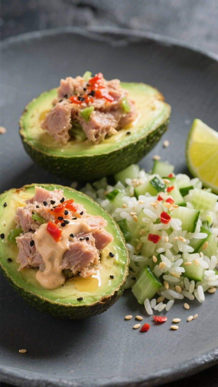 Straight-on close-up of spicy tuna-stuffed avocados with crunchy cucumber “rice”: avocado halves mounded with tuna mixed with avocado oil mayo and sriracha, flecked with black pepper; a bed or side of finely diced cucumber “rice” for crunch. Garnished with sesame seeds and a few red pepper flakes for heat cues; lime wedge off to the side. Shot on a matte slate plate to contrast the glossy mayo-tuna filling and creamy green avocado; crisp, punchy colors, tight focus on texture.