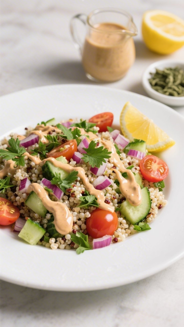 Straight-on composed plate of Bright Herb Quinoa with Lemon-Tahini Moringa Drizzle: fluffy quinoa base topped with chopped cucumber, halved cherry tomatoes, finely chopped red onion, and a generous scatter of fresh parsley; a glossy lemon-tahini dressing whisked with moringa drizzled in ribbons over the salad; a small pitcher of extra drizzle, lemon halves, and a pinch bowl of moringa nearby; crisp, fresh, show-stopping presentation with high contrast colors on a white plate