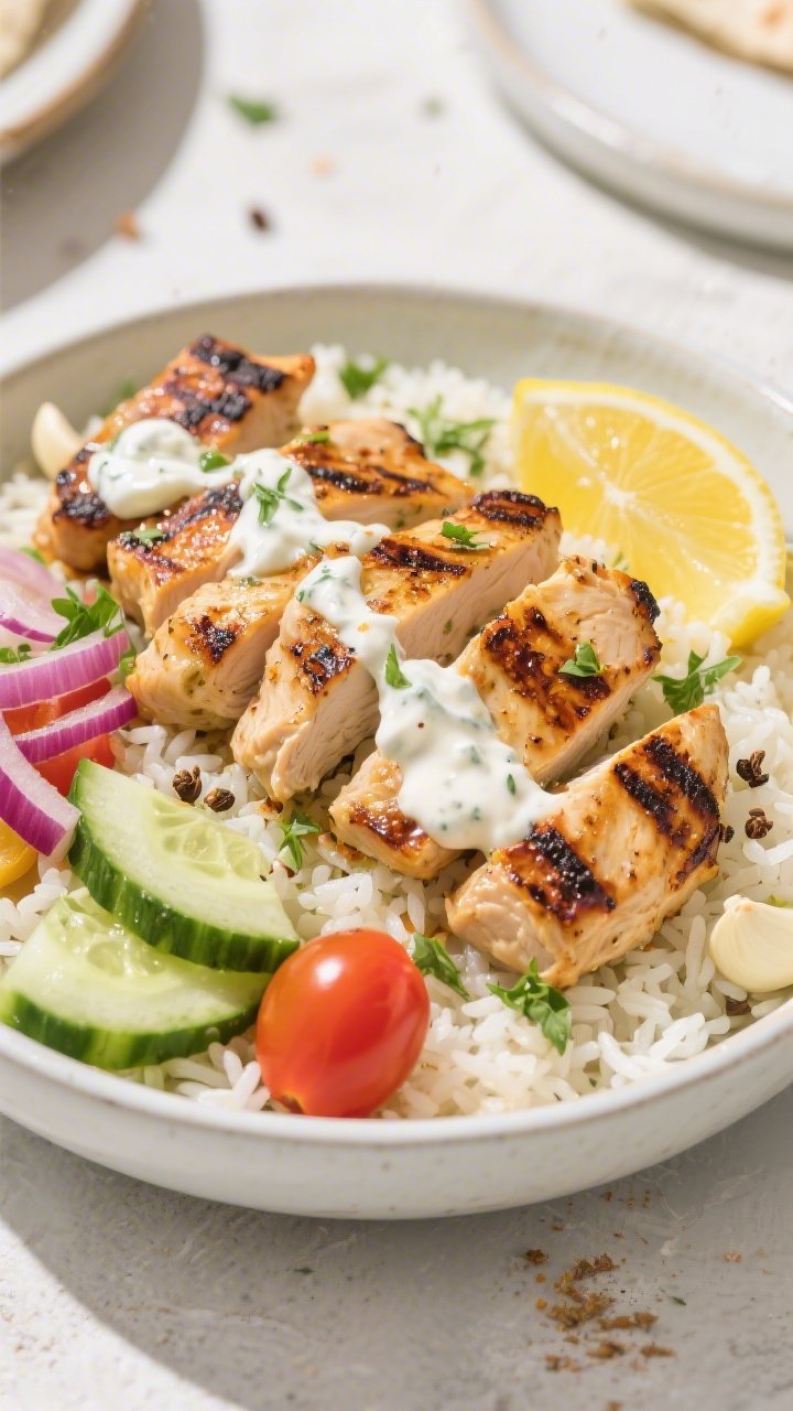 Straight-on composed shawarma bowl for Grilled Yogurt-Marinated Chicken Shawarma: charred, juicy thigh strips marinated in whole-milk yogurt, olive oil, garlic, cumin, coriander, smoked paprika, and a hint of turmeric; arranged over fluffy rice with crisp cucumber, cherry tomatoes, red onion, and fresh herbs; a drizzle of tangy yogurt sauce and a lemon wedge; grill marks prominent, spices visible on the chicken; clean, summery color palette with bright, natural daylight.