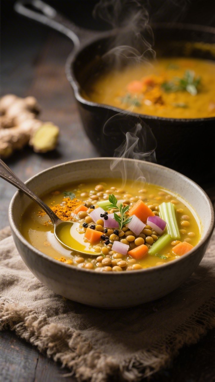 Straight-on cozy bowl shot of turmeric ginger golden lentil soup: a deep bowl brimming with golden broth studded with lentils, diced onion, carrot, and celery, with visible flecks of ground turmeric, ground cumin, and grated fresh ginger; a sheen of olive oil on top, steam rising, sprinkled with fresh herbs and a crack of black pepper; rustic linen, warm moody light, a ladle resting in a cast-iron pot in the background to suggest simmering.