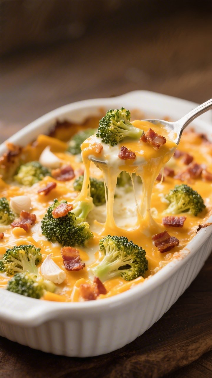 Straight-on cozy casserole reveal: a bubbling loaded broccoli cheddar bake in a white ceramic dish, florets coated in creamy cheese sauce (heavy cream and cream cheese) with sharp cheddar visibly melted and browned on top; crumbled bacon scattered across, with a few garlic pieces peeking through; a serving spoon lifting a cheesy stretch; warm, homey lighting.