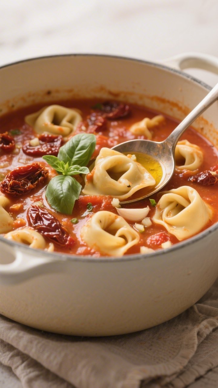 Straight-on, cozy one-pot creamy tomato Tuscan tortellini in a wide enameled pot: cheese tortellini swirled in a velvety crushed-tomato and broth sauce enriched with chopped oil-packed sun-dried tomatoes and a spoonful of their infused oil; visible minced garlic and streaks of creaminess clinging to pasta; garnished with a few basil leaves; ladle resting on the rim; warm, homestyle lighting.