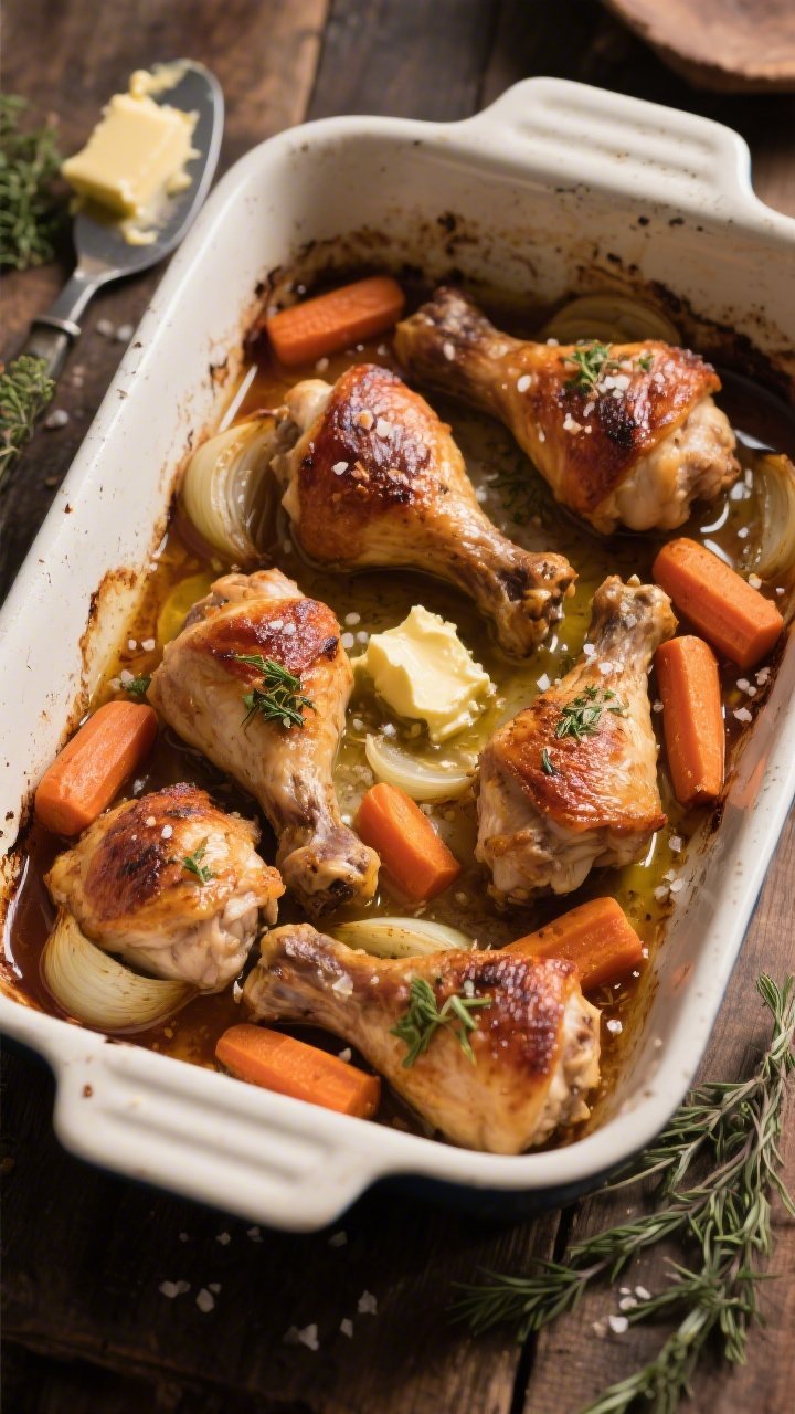 Straight-on cozy roast scene of Herb-Butter Roast Chicken Thighs with Carrots & Shallots: six bone-in, skin-on chicken thighs with blistered, mahogany skin lacquered in softened herb butter and olive oil, nestled among 2-inch carrot chunks and halved shallots roasted to caramelized edges; coarse kosher salt crystals visible on top; juices pooling in the pan, browned bits along the rim; served in a vintage enamel roasting dish on a rustic table, warm tungsten glow to emphasize “set-it-and-forget-it” comfort, minimal props—just a butter knife with herbed butter smears and a sprig of thyme.