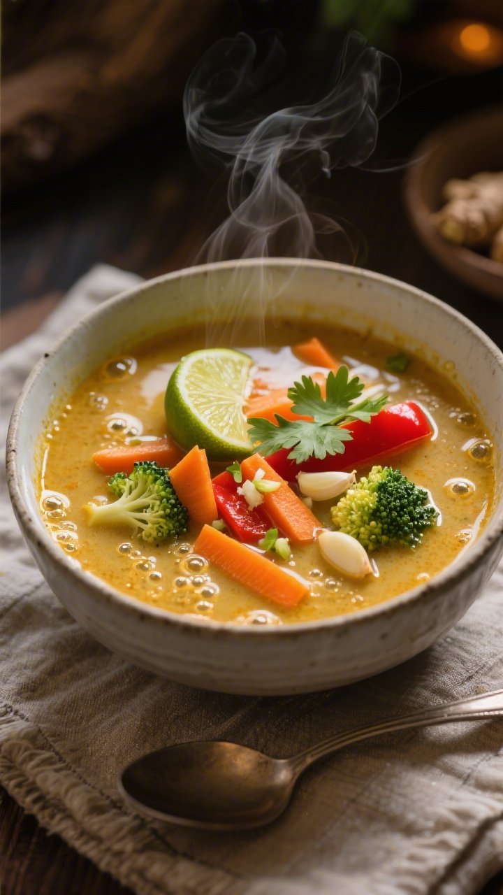 Straight-on cozy soup scene of coconut curry veggie soup: a deep bowl brimming with golden coconut curry broth studded with sliced carrots, red bell pepper, small broccoli florets, minced garlic, and grated fresh ginger; micro-bubbles of coconut fat shimmering on the surface, gentle steam rising; garnished with a squeeze of lime and cilantro leaves, placed on a textured linen with a spoon beside, warm ambient lighting for a comforting evening feel.
