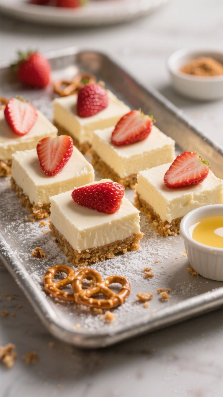 Straight-on dessert bar tray shot: neat squares of no-bake strawberry cheesecake bars with a visible pretzel crust (golden, sandy texture), topped with a smooth, pale cream cheese filling (powdered sugar-satin finish) and glossy fresh strawberry slices; a few crushed pretzels and a small bowl of melted butter and light brown sugar off to the side as cues; cool, soft lighting to emphasize creaminess and contrast with the crunchy crust, edges clean and enticing.