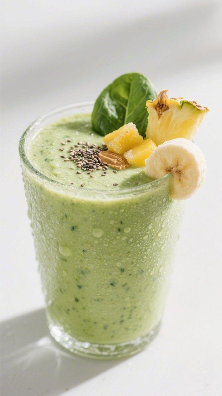 Straight-on, frosty glass close-up of a five-minute green smoothie: vibrant light-green blend made with 1 cup unsweetened almond milk, 1/2 frozen banana, 1/2 cup frozen pineapple or mango, 1 packed cup baby spinach, 1 tablespoon almond butter, and 1 scoop vanilla protein; condensation beads on the glass, thick creamy texture, tiny spinach flecks; garnished with a pineapple wedge and a sprinkle of chia seeds on the surface; bright, fresh, energizing studio light with a minimalist background.