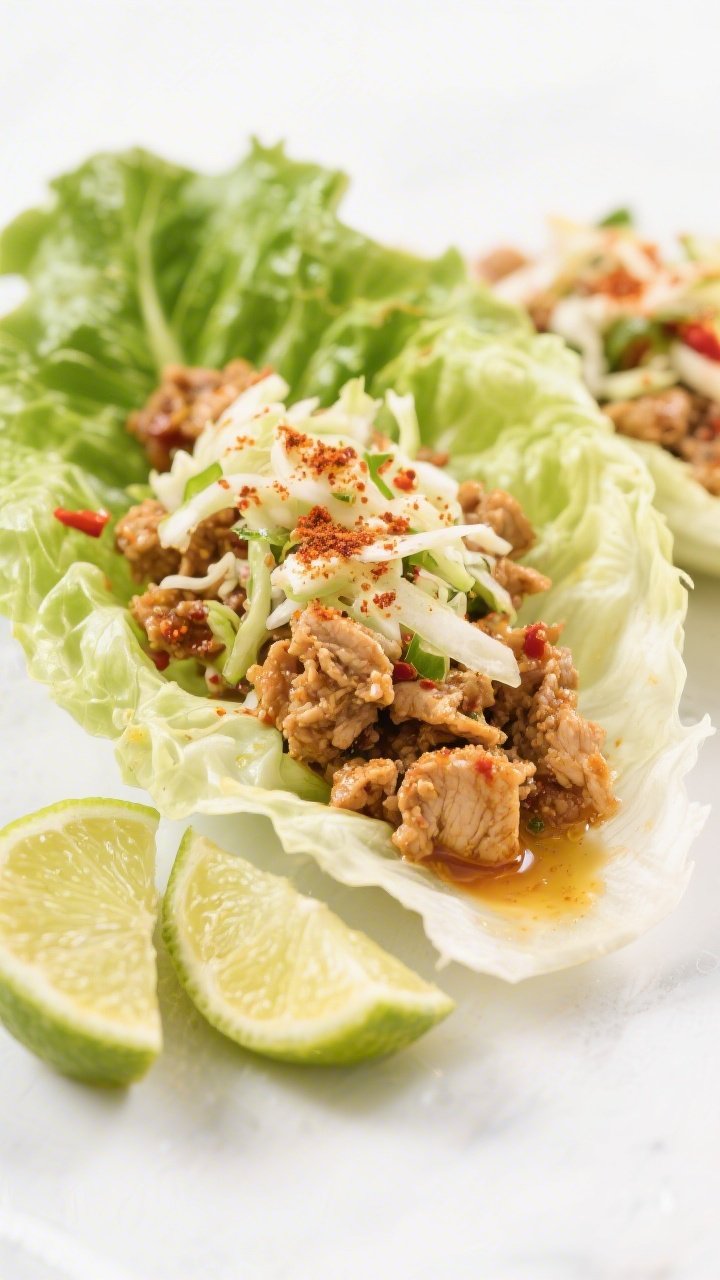 Straight-on, handheld-style composition of chili-lime chicken lettuce wraps: crisp butter lettuce cups filled with ground chicken sautéed in olive oil and seasoned with chili powder, ground cumin, smoked paprika, and kosher salt; topped with crunchy slaw, fresh lime wedges on the side, a light chili-lime drizzle; vibrant, fresh, and punchy colors with a clean white background to emphasize texture and freshness.