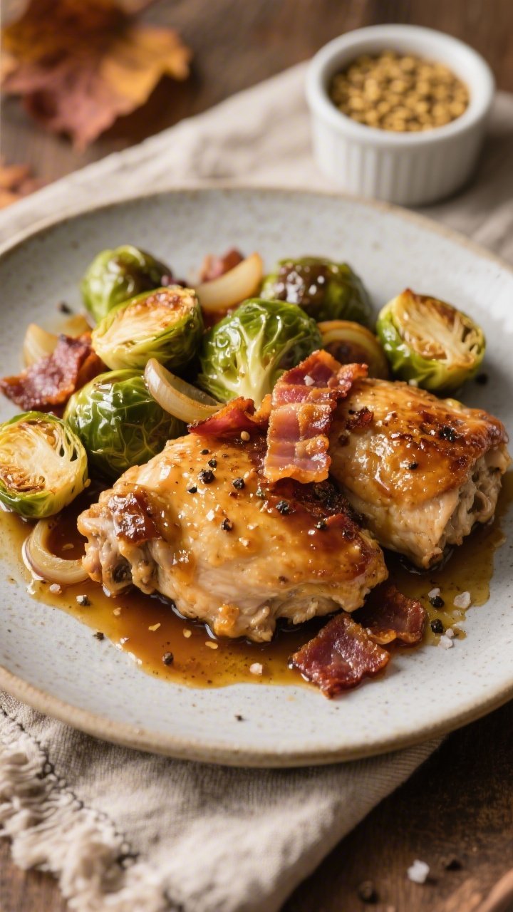 Straight-on, hearty plated dish of maple-Dijon glazed bone-in, skin-on chicken thighs with crisped bacon shards and caramelized, halved Brussels sprouts; shallot slivers visible among the sprouts; glossy olive oil finish, pepper and salt crystals catching the light; maple-Dijon sauce pooling lightly beneath the chicken; served on a matte stoneware plate over a rustic linen, with a small ramekin of coarse mustard in frame; warm, cozy autumnal styling.
