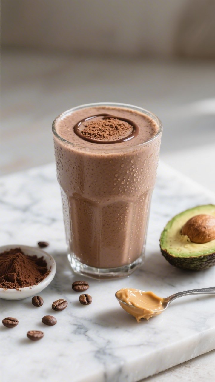 Straight-on hero shot of a coffee-cacao keto smoothie that looks like dessert: a tall chilled glass filled with a thick, frosty blend of brewed coffee, unsweetened almond milk, avocado, unsweetened cacao powder, and almond butter; topped with a light dusting of cacao and a drizzle ring on the inner glass, condensation beading. Set on a cool marble surface with coffee beans, a small dish of cacao powder, half an avocado, and a spoonful of almond butter nearby; soft morning light, creamy texture emphasized, rich mocha-brown tones.