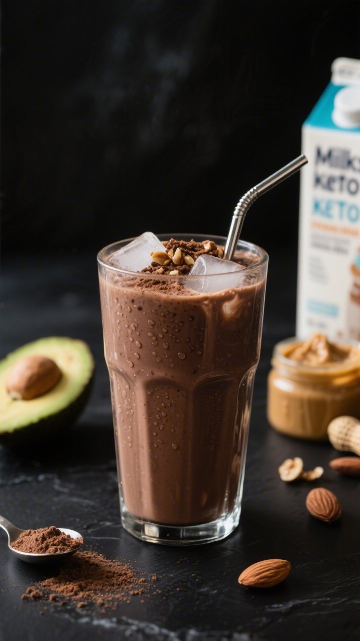 Straight-on hero shot of a Creamy Chocolate Peanut Butter Keto “Milkshake” in a chilled highball glass: thick, velvety blend of unsweetened almond milk, ice cubes, a quarter avocado, natural peanut butter, and chocolate low-carb protein powder; glossy chocolate hue with micro-bubbles, slow drip down the glass, topped with a light dusting of unsweetened cocoa and a few crushed roasted peanuts; metal straw, minimal condensation, set on a matte black surface with ingredients artfully arranged behind—scoop of protein powder, halved avocado, spoonful of peanut butter, and almond milk carton partially blurred; moody, soft side light.