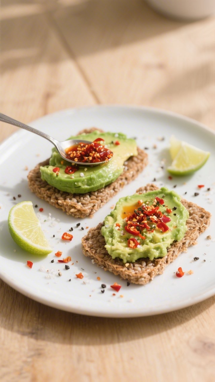 Straight-on hero shot of Avocado Rice Cake Toast with Chili Crunch and Lime: two brown rice cakes topped with mashed ripe avocado, seasoned with sea salt and cracked black pepper, finished with a bold spooned-on chili crisp and a squeeze of lime; lime halves and chili flakes sprinkled around; minimalist plate on a light wood table, crisp daylight, focus on creamy-green avocado against fiery red chili oil.