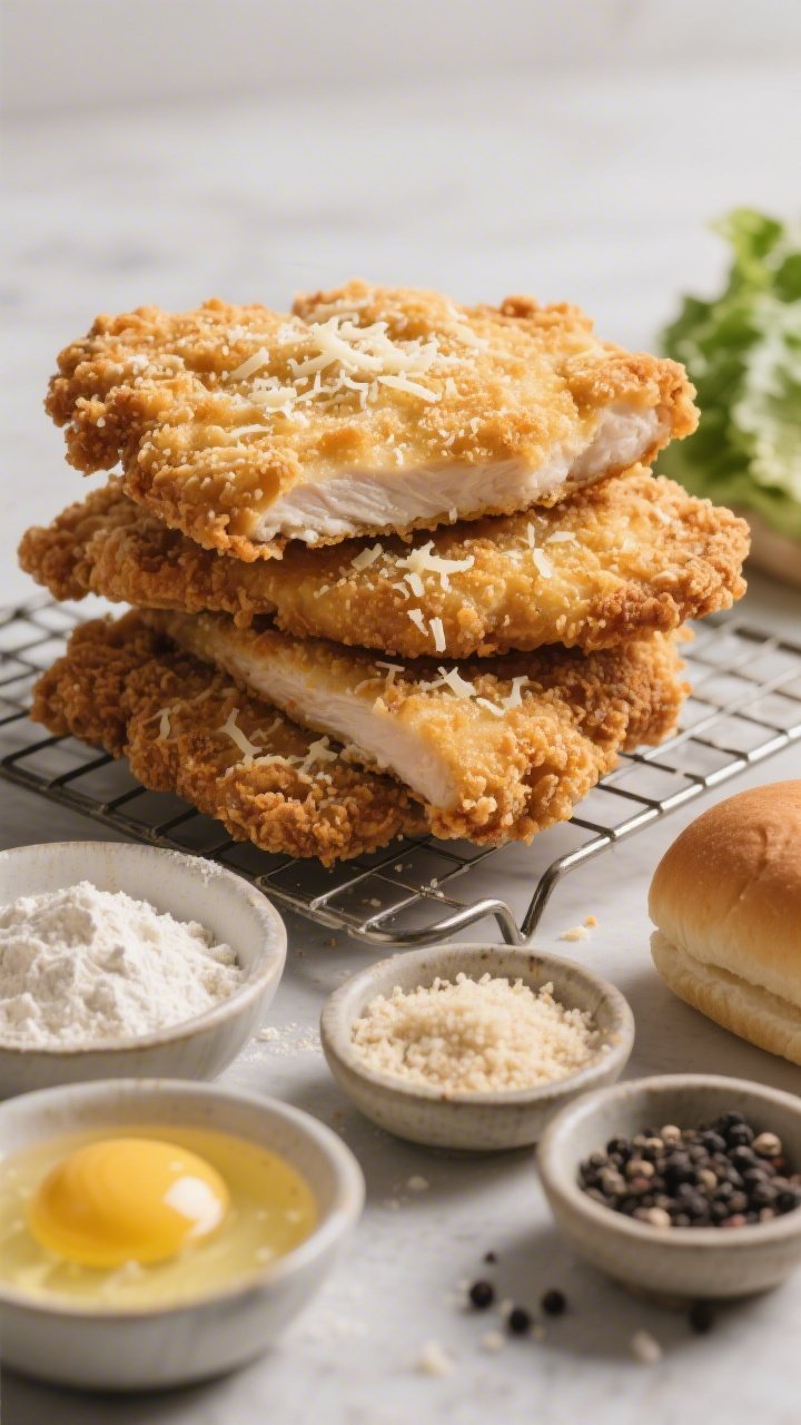 Straight-on hero shot of crispy Parmesan “fried” chicken cutlets stacked on a wire rack, ultra-crunchy breadcrumb-Parmesan crust with visible grated cheese and golden edges. In the foreground: shallow bowls of all-purpose flour, beaten eggs with a ribbon of Dijon mustard, and seasoned breadcrumb-Parmesan mixture; salt and black pepper pinch bowls nearby. Optionally include a soft roll and lettuce to hint at sandwiches. Neutral backdrop, directional light to emphasize texture.