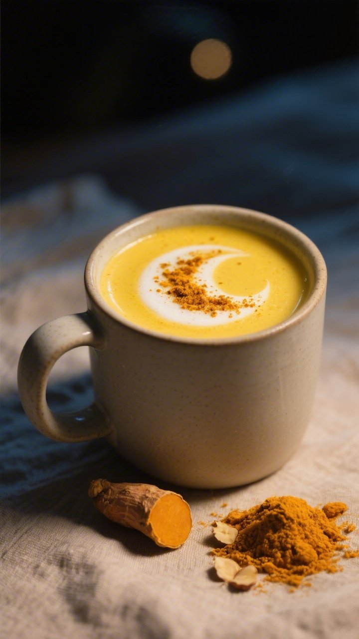 Straight-on hero shot of golden moon milk in a matte ceramic mug: velvety turmeric almond milk blend (1 cup almond milk + 1/2 cup water) glowing golden, micro-foam on top with a delicate sprinkle swirl of ground turmeric and a pinch of ground ginger. Beside the mug: a small heap of 3/4 teaspoon ground turmeric (or a 1-inch fresh turmeric nub grated) and 1/4 teaspoon ground ginger (or freshly grated). Soft nighttime ambiance, warm linen, gentle highlights to convey soothing, sleep-ready comfort; no people.